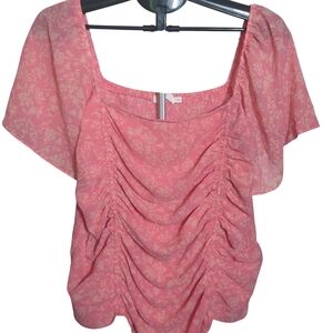 Lush 2x Floral Pink Crop Ruched Blouse Flutter Sleeve Cottagecore Coquette Girl